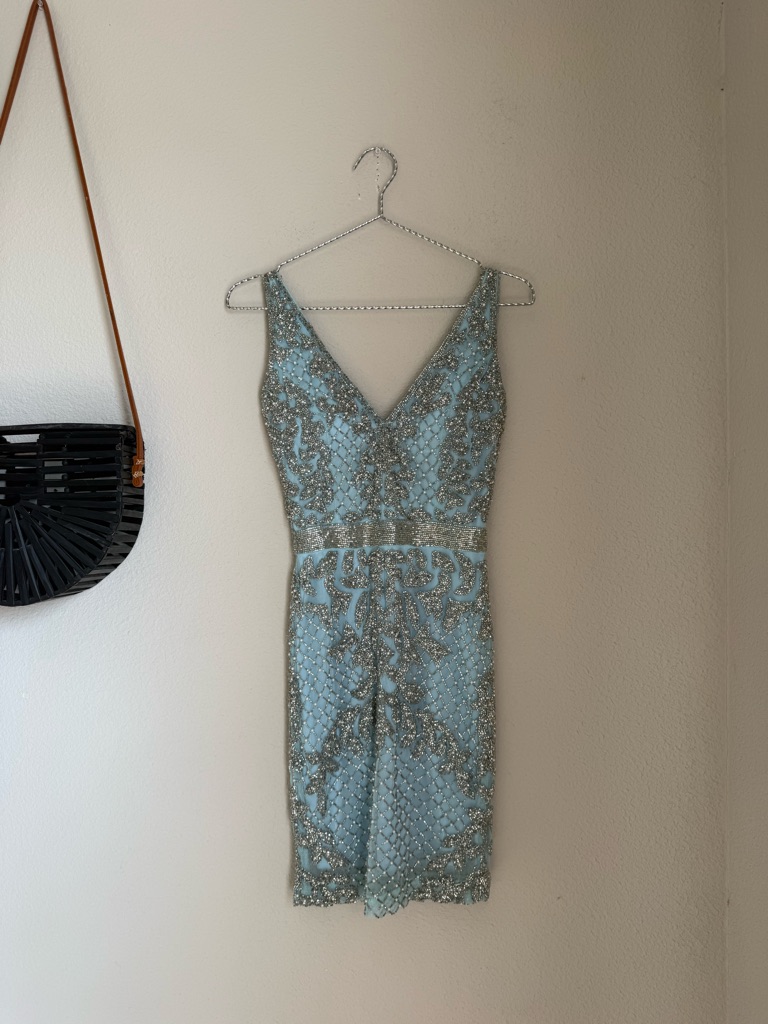 Primavera Couture Blue Sequin V Neck Mini Dress, Size 00